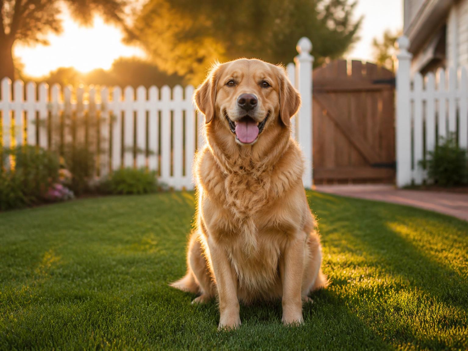 Sunlit backyard at golden hour with a friendly golden retriever and a closed white side gate